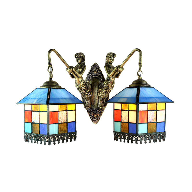 Frendorf | Haus Wandlicht-Tiffany Mehrfarben Buntglas 2 Köpfe Klar/Blau Wandleuchte