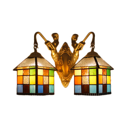 Frendorf | Haus Wandlicht-Tiffany Mehrfarben Buntglas 2 Köpfe Klar/Blau Wandleuchte