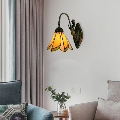 Frendorf | 1 Kop Petal Wandmontage Licht Tiffany Geel/Blauw-Wit Glas Wandlamp Met Sirene Achterplaat