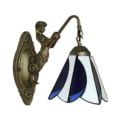 Frendorf | 1 Kop Petal Wandmontage Licht Tiffany Geel/Blauw-Wit Glas Wandlamp Met Sirene Achterplaat