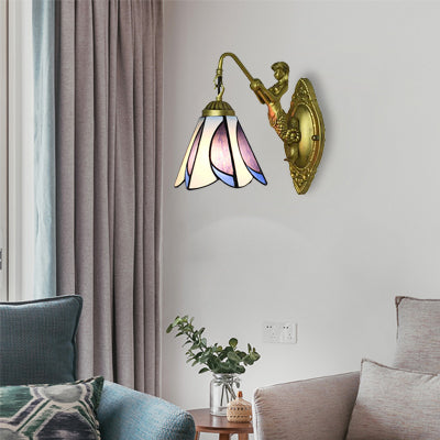 Frendorf | 1 Kop Petal Wandmontage Licht Tiffany Geel/Blauw-Wit Glas Wandlamp Met Sirene Achterplaat