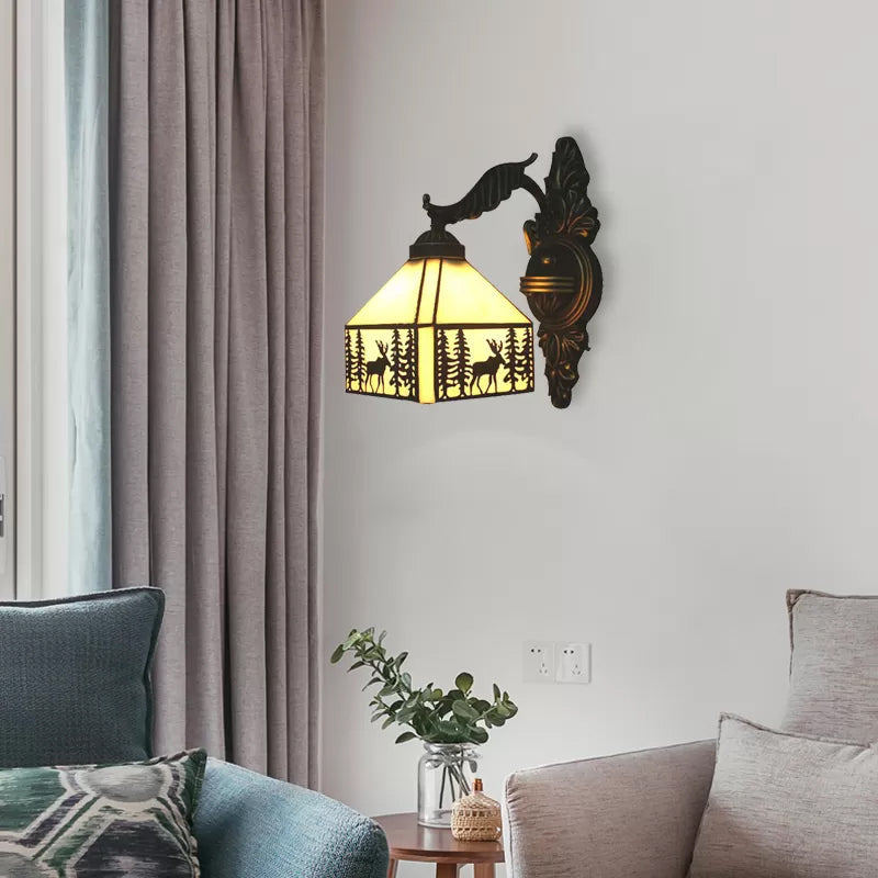 Frendorf | Lodge Glas-in-lood Wandverlichting met Gebogen Arm Enkele Licht Mini Wandmontage Licht