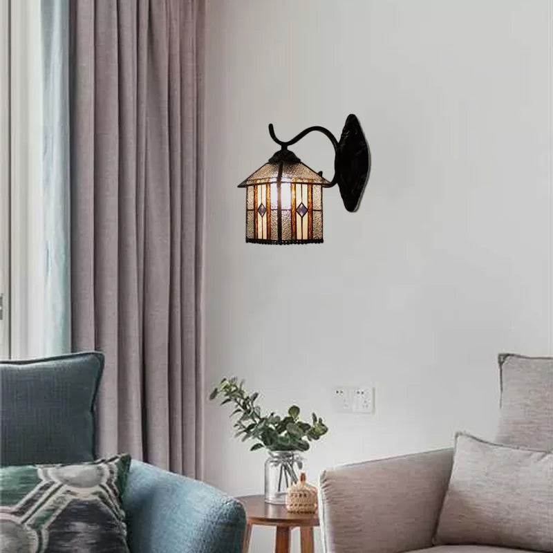 Frendorf | Lodge Glas-in-lood Wandverlichting met Gebogen Arm Enkele Licht Mini Wandmontage Licht