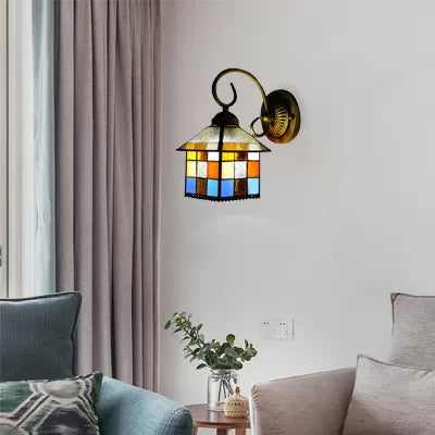 Frendorf | Lodge Glas-in-lood Wandverlichting met Gebogen Arm Enkele Licht Mini Wandmontage Licht