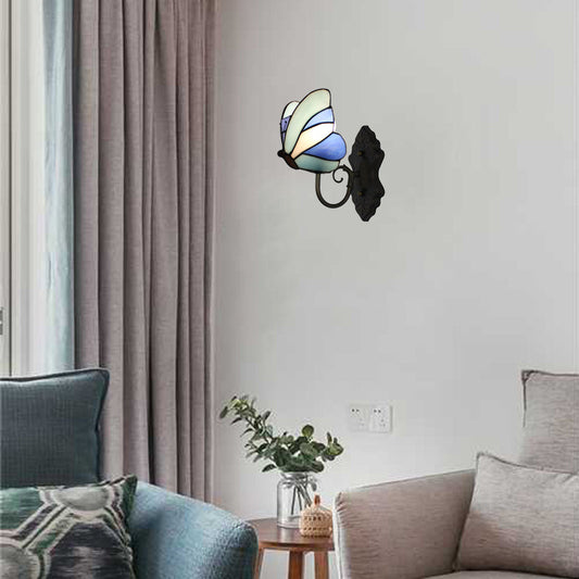 Frendorf | Glas in lood Vlinder Wandlamp 1 Lichthome Art Deco Wandverlichting in Geel en Roze/Blauw voor Slaapkamer