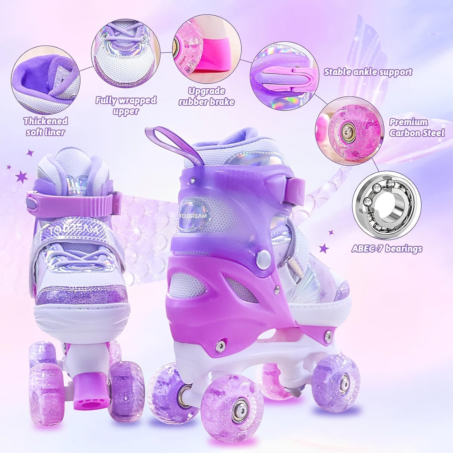 Frendorf | Verstellbare Rollschuhe für Kinder – Glitzernder Sternen Muster mit Licht Rädern