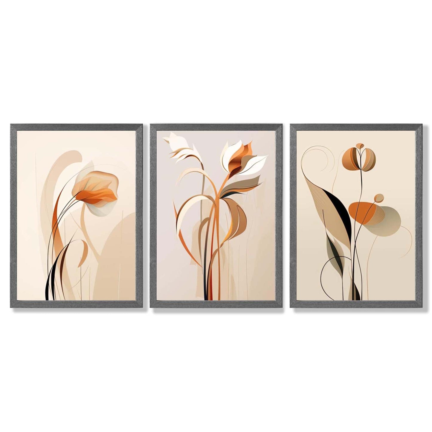 Art Deco Beige Orange Floral Set von 3 Gerahmten Kunst Drucken
