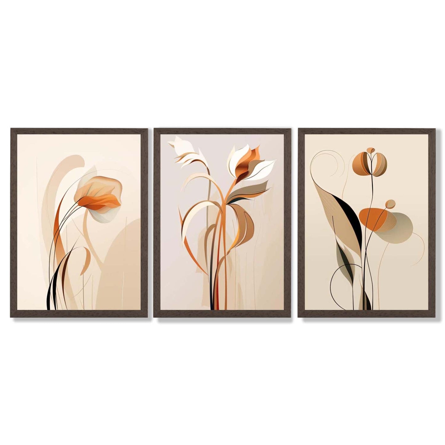 Art Deco Beige Orange Floral Set von 3 Gerahmten Kunst Drucken