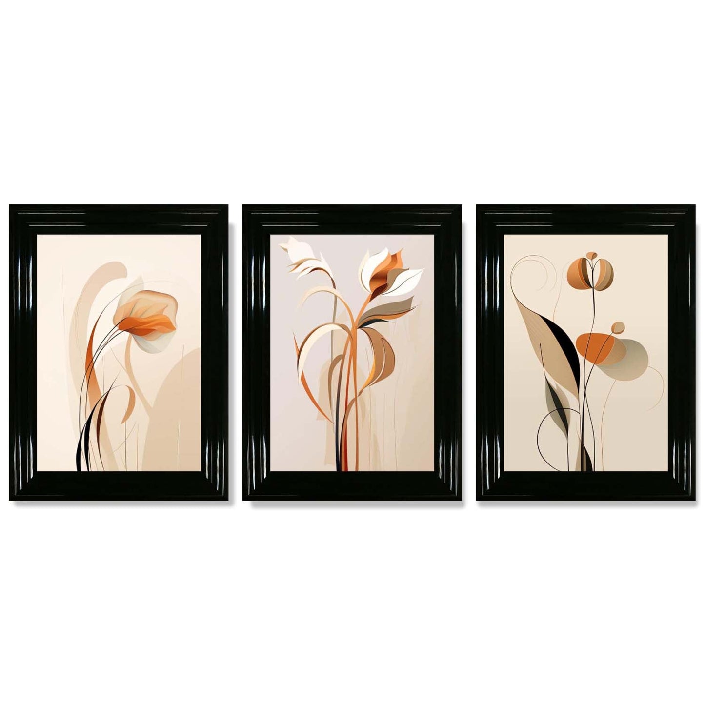 Art Deco Beige Orange Floral Set von 3 Gerahmten Kunst Drucken