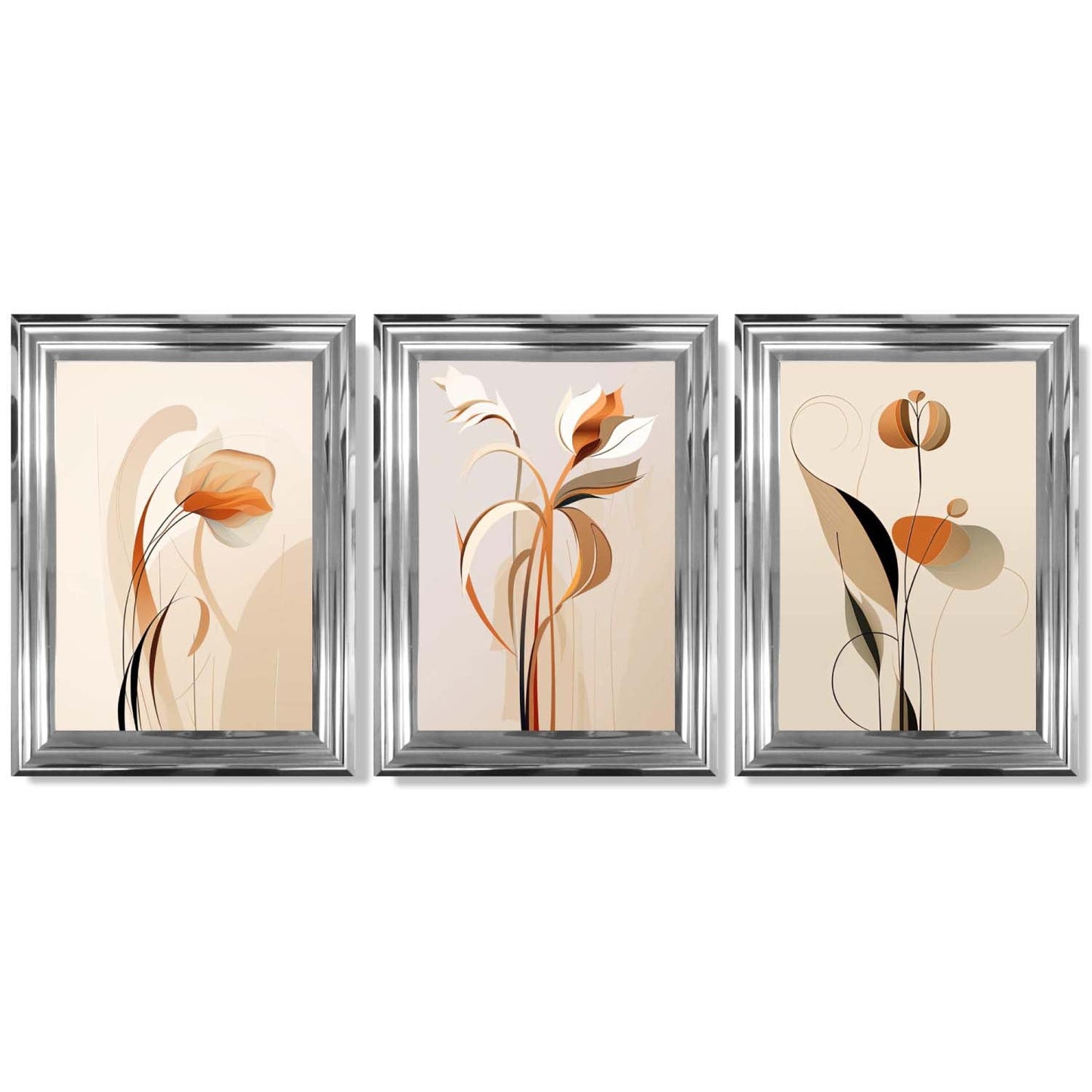 Art Deco Beige Orange Floral Set von 3 Gerahmten Kunst Drucken