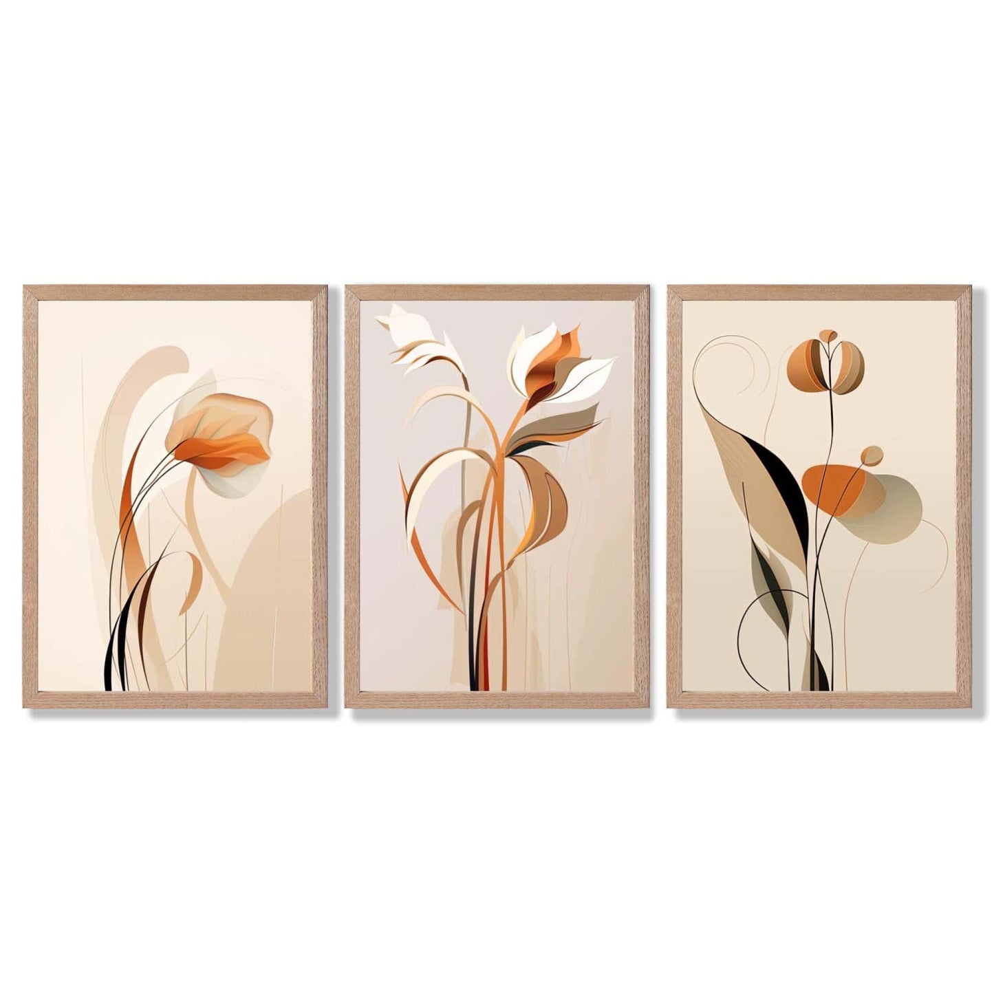 Art Deco Beige Orange Floral Set von 3 Gerahmten Kunst Drucken
