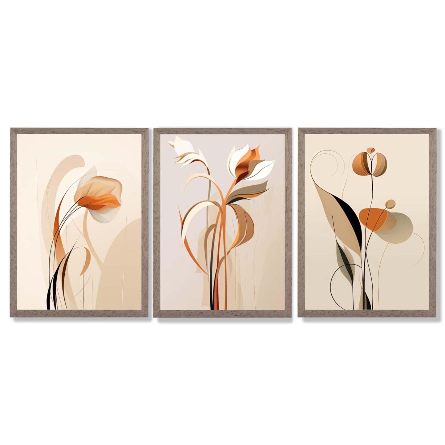 Art Deco Beige Orange Floral Set von 3 Gerahmten Kunst Drucken