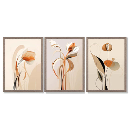 Art Deco Beige Orange Floral Set von 3 Gerahmten Kunst Drucken