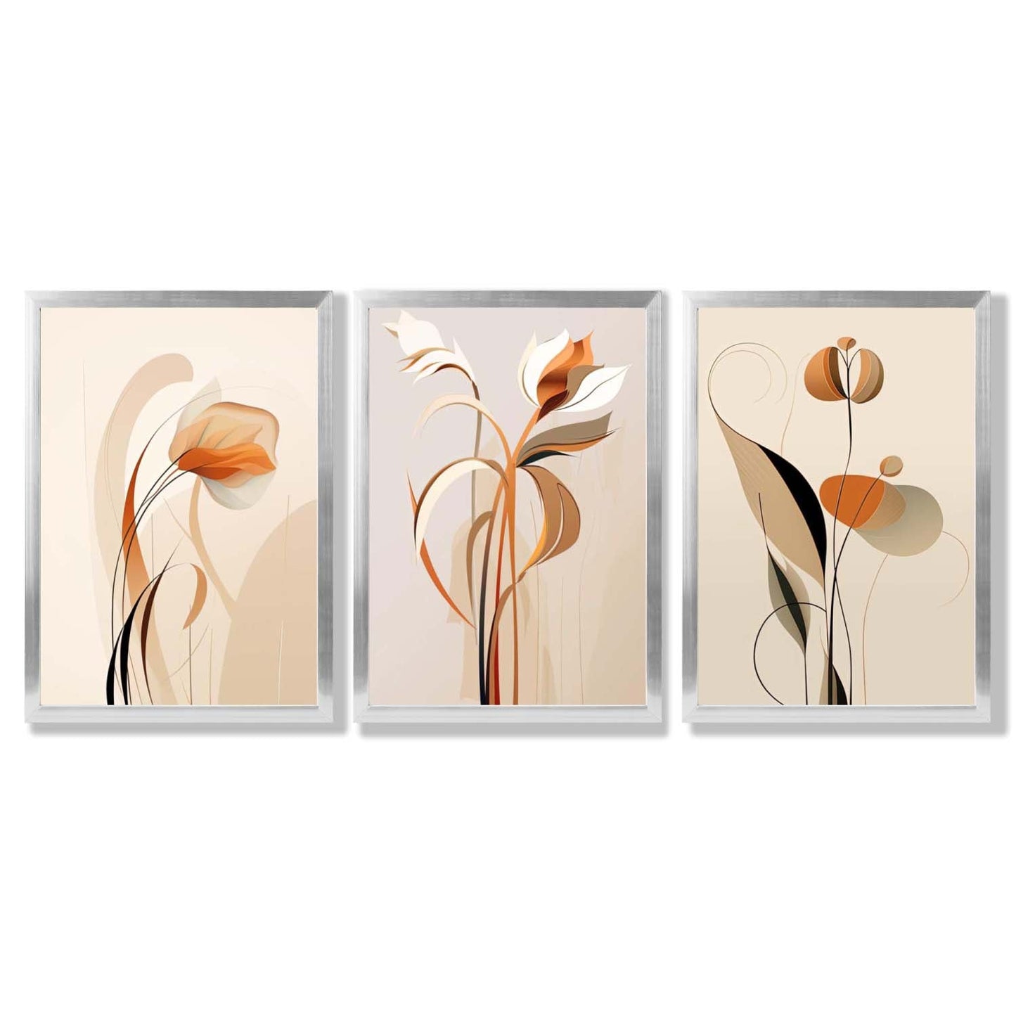 Art Deco Beige Orange Floral Set von 3 Gerahmten Kunst Drucken