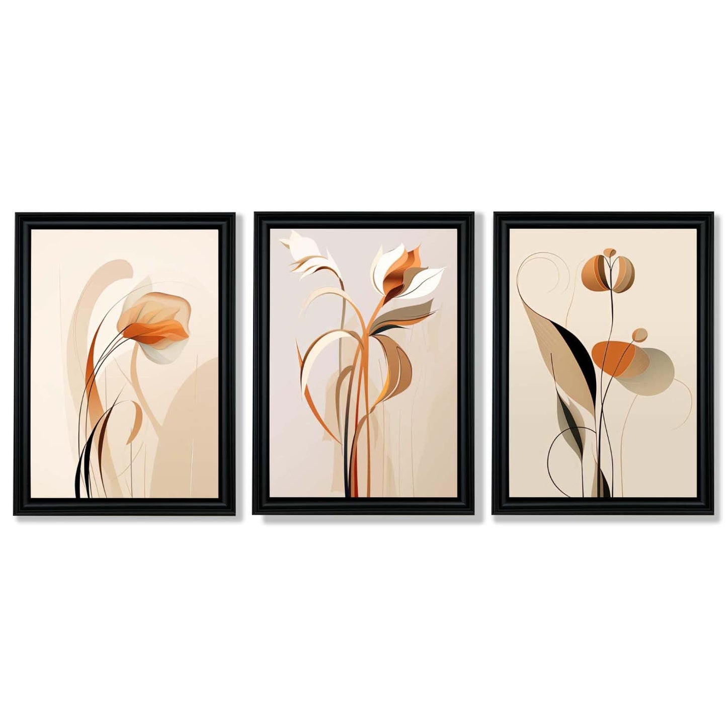 Art Deco Beige Orange Floral Set von 3 Gerahmten Kunst Drucken