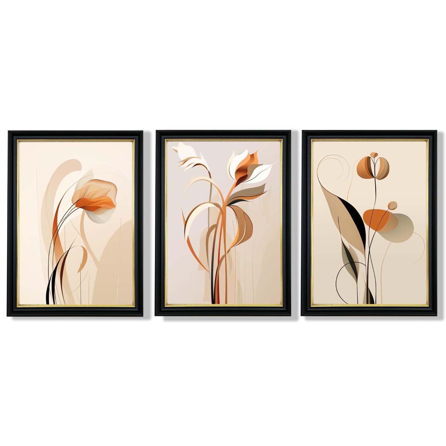 Art Deco Beige Orange Floral Set von 3 Gerahmten Kunst Drucken