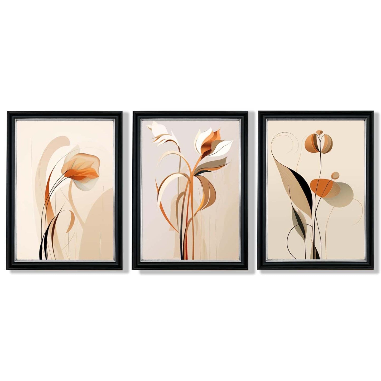 Art Deco Beige Orange Floral Set von 3 Gerahmten Kunst Drucken