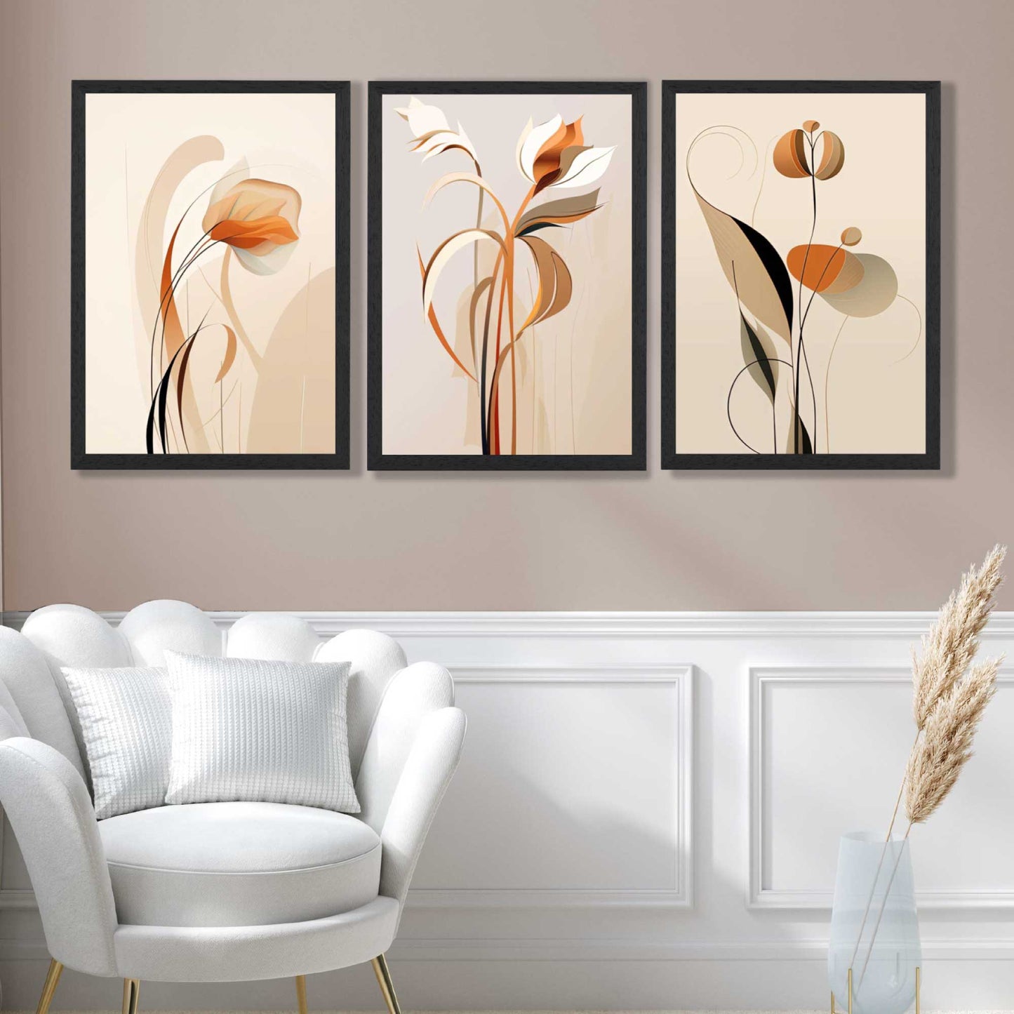 Art Deco Beige Orange Floral Set von 3 Gerahmten Kunst Drucken
