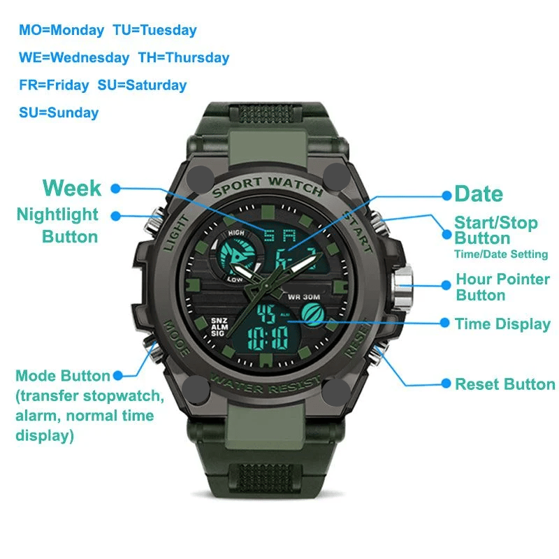 Frendorf | Sportliche Dual-Display Mode Multifunktionale wasserdichte leuchtende Herrenarmbanduhr