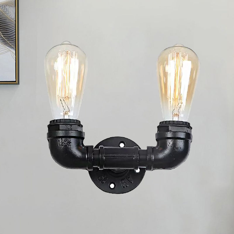 Frendorf | 2 Köpfe Metall Wandmontage Licht Industrie Schwarz/Antik Messing Wasserrohr Wohnzimmer Wandleuchte