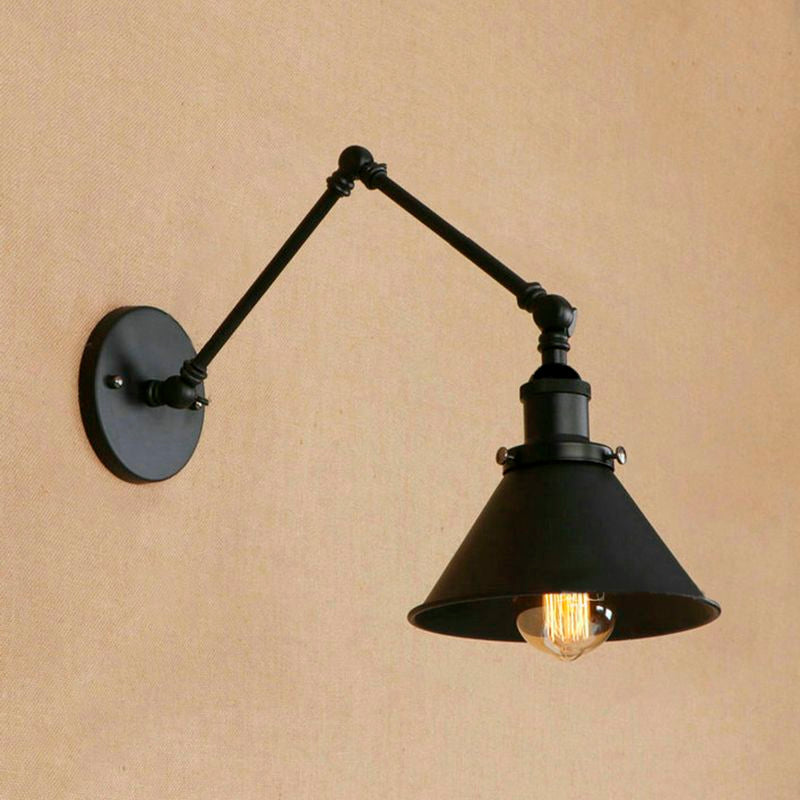 Frendorf | Metalen Swing Arm Wandlamp Industrieel 1 Lamp Studie Kamer Wand Sconces met Tapse Schaduw in Zwart