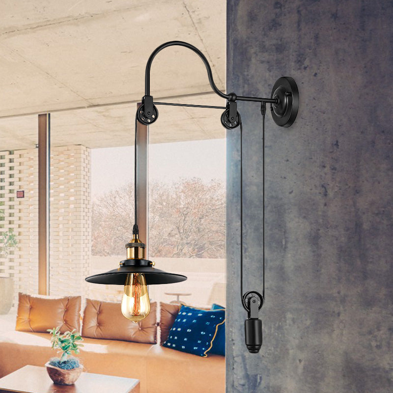Frendorf | 1 Bulb Flat Wandlamp Industrieel Stijl Zwart Metallic Verstelbare Wandverlichting Fixture met Pulley Ontwerp