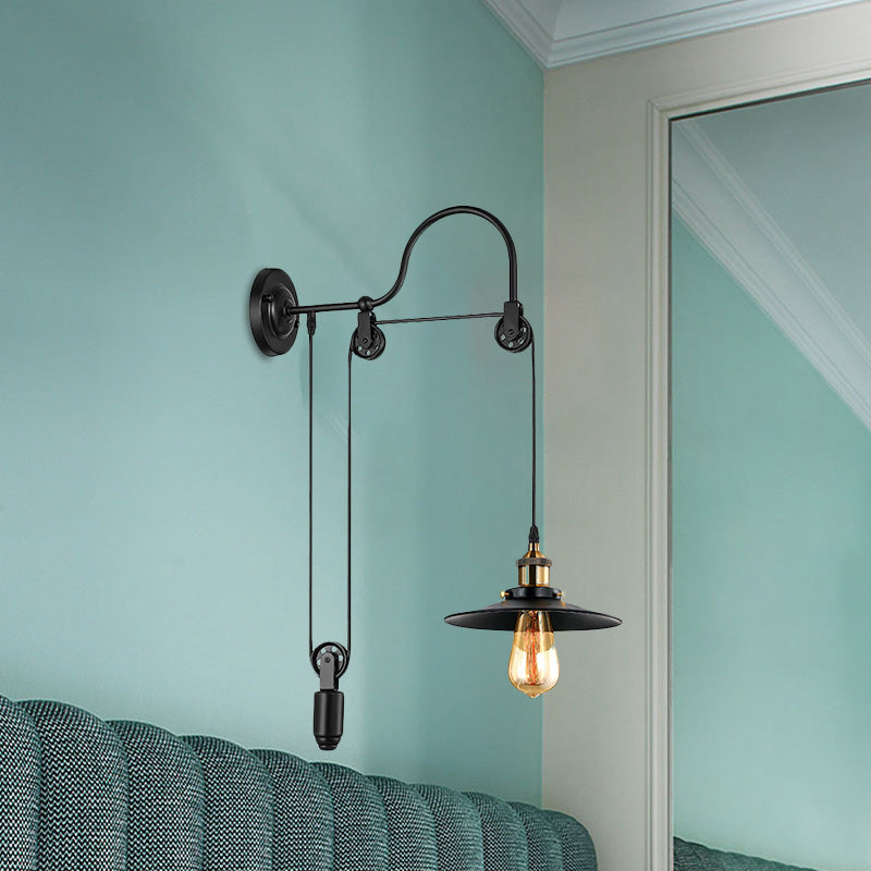 Frendorf | 1 Bulb Flat Wandlamp Industrieel Stijl Zwart Metallic Verstelbare Wandverlichting Fixture met Pulley Ontwerp