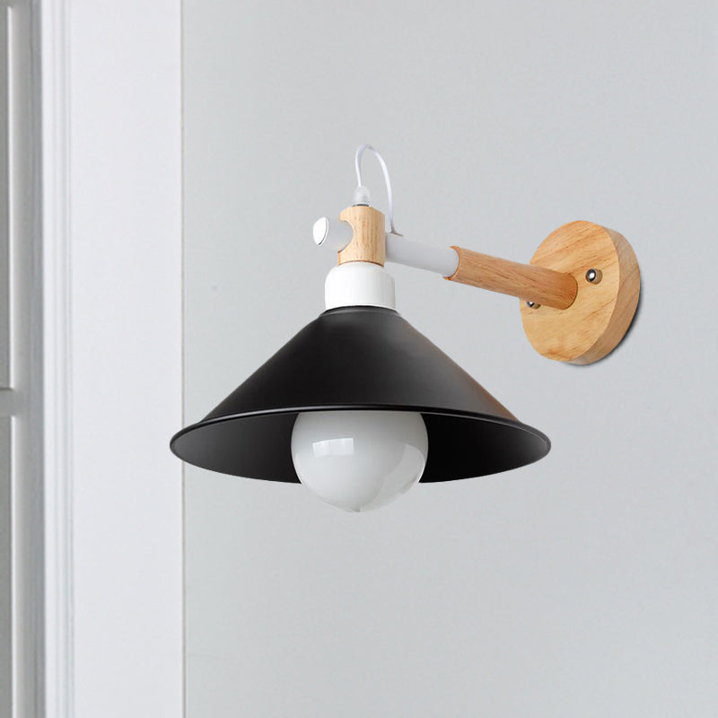 Frendorf | 1 Kopf konische Wandlampe Licht Nordic Stil Schwarz Metallische Wandbeleuchtung mit Holzrückwand