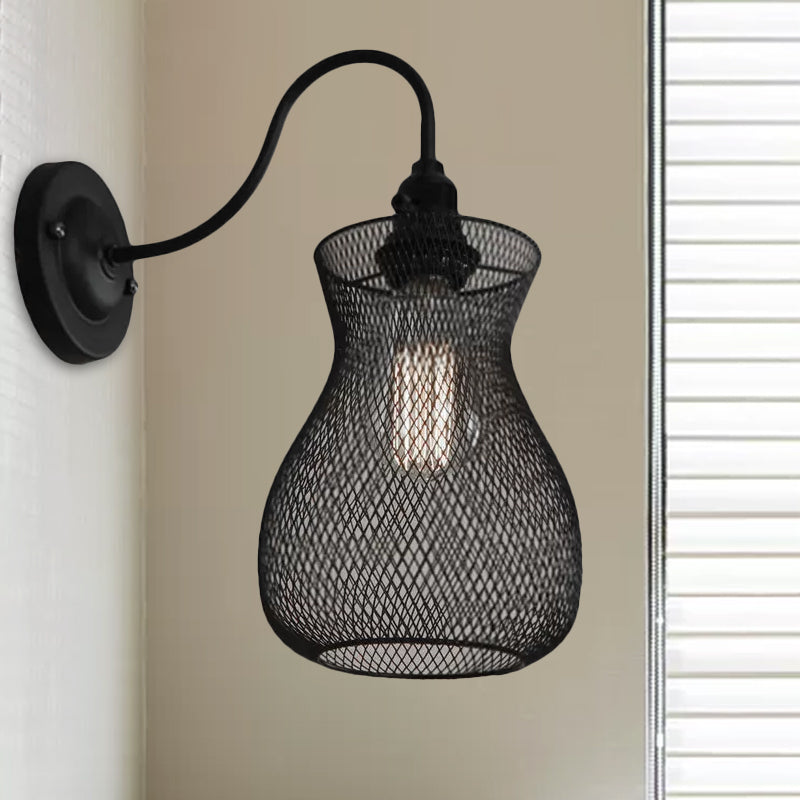 Frendorf | 1 Glühbirnen Vase Form Wand Sconce mit Mesh-Schirm Industriestil Schwarz Metall Wandleuchte für Flur