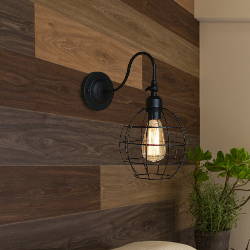 Frendorf | Schwarze Globe/Oval Käfig Wandmontage Licht mit Gooseneck Arm Retro-Stil Metall 1 Kopf Schlafzimmer Mini Wandleuchte