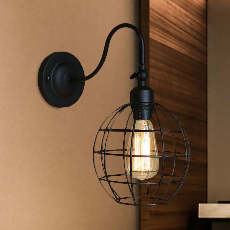 Frendorf | Schwarze Globe/Oval Käfig Wandmontage Licht mit Gooseneck Arm Retro-Stil Metall 1 Kopf Schlafzimmer Mini Wandleuchte