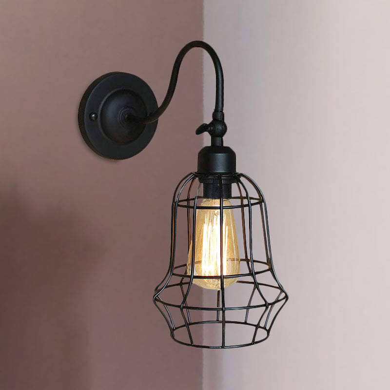 Frendorf | Schwarze Globe/Oval Käfig Wandmontage Licht mit Gooseneck Arm Retro-Stil Metall 1 Kopf Schlafzimmer Mini Wandleuchte