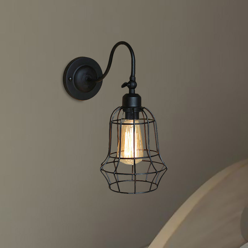 Frendorf | Schwarze Globe/Oval Käfig Wandmontage Licht mit Gooseneck Arm Retro-Stil Metall 1 Kopf Schlafzimmer Mini Wandleuchte