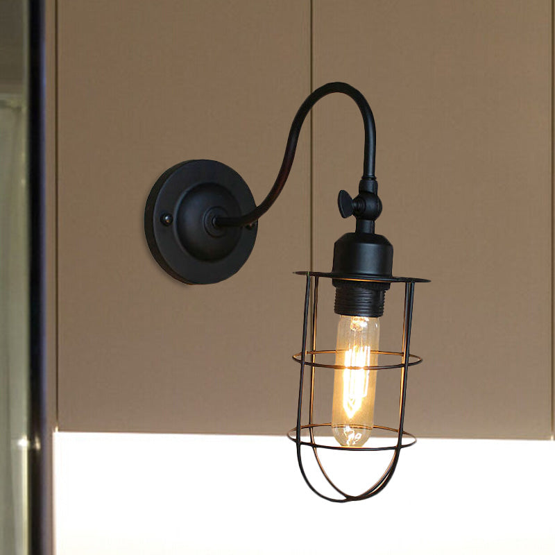 Frendorf | Schwarze Globe/Oval Käfig Wandmontage Licht mit Gooseneck Arm Retro-Stil Metall 1 Kopf Schlafzimmer Mini Wandleuchte