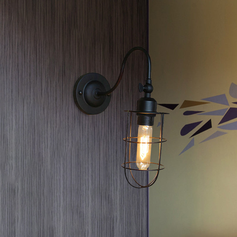 Frendorf | Schwarze Globe/Oval Käfig Wandmontage Licht mit Gooseneck Arm Retro-Stil Metall 1 Kopf Schlafzimmer Mini Wandleuchte