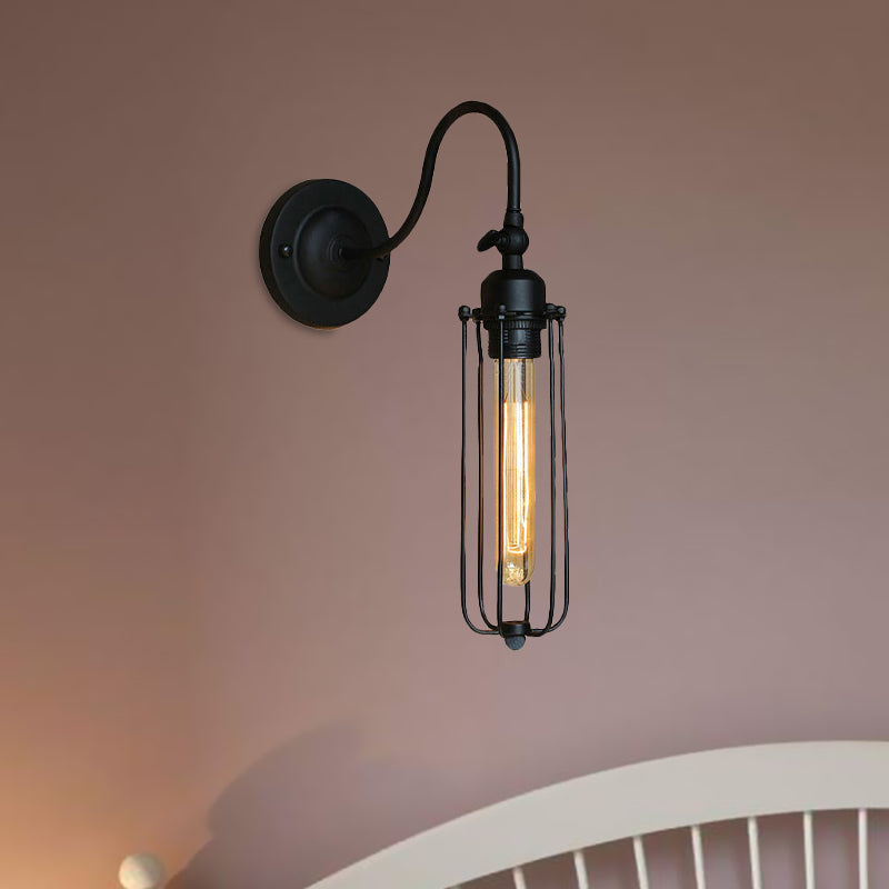 Frendorf | Schwarze Globe/Oval Käfig Wandmontage Licht mit Gooseneck Arm Retro-Stil Metall 1 Kopf Schlafzimmer Mini Wandleuchte