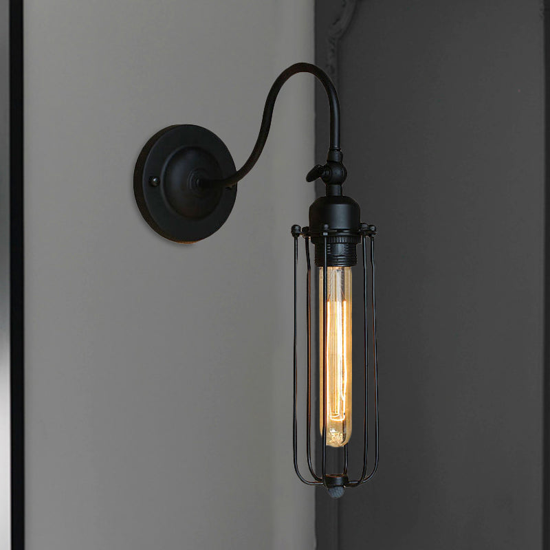Frendorf | Schwarze Globe/Oval Käfig Wandmontage Licht mit Gooseneck Arm Retro-Stil Metall 1 Kopf Schlafzimmer Mini Wandleuchte