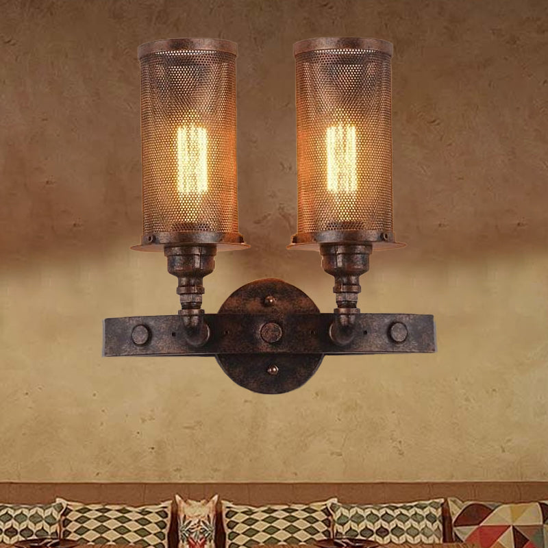Frendorf | Antieke stijl dubbele cilinder wandlamp met gaas kap 2 lichten smeedijzeren wandmontage lamp in verouderd koper