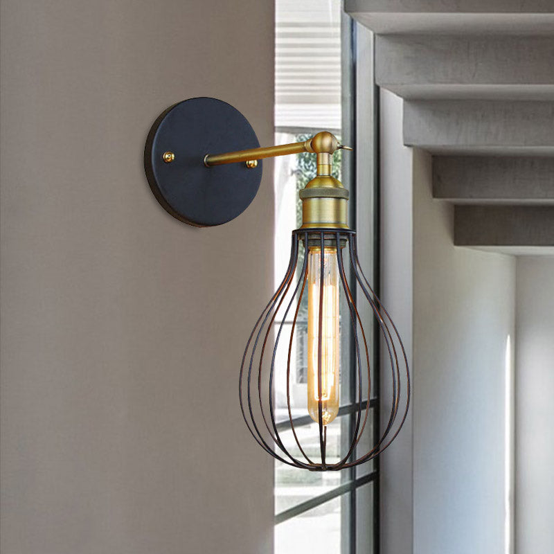Frendorf | 1 Kopfzylinder/Tränenform Käfig Wandmontage Beleuchtung Industriell Schwarzes Metall Mini Wandlicht für Schlafzimmer
