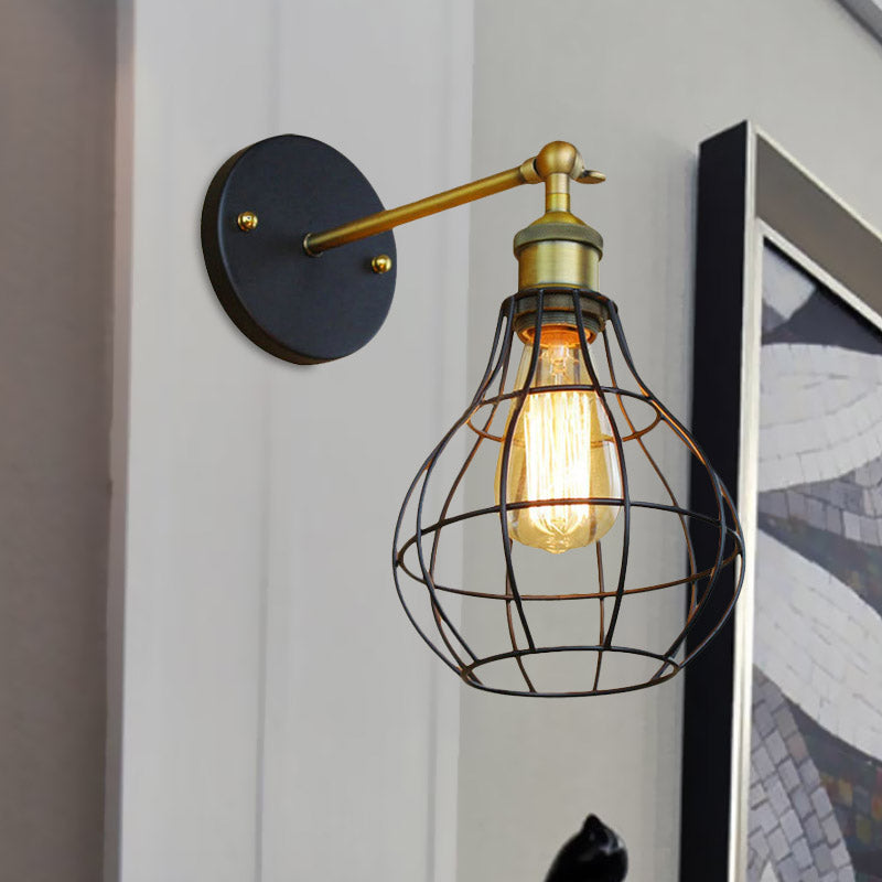 Frendorf | 1 Kopfzylinder/Tränenform Käfig Wandmontage Beleuchtung Industriell Schwarzes Metall Mini Wandlicht für Schlafzimmer