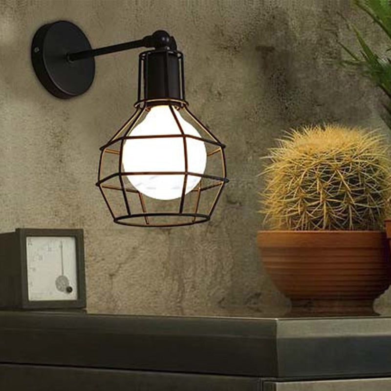Frendorf | Schwarze Barrel/Geflanschte Käfig-Wandleuchte Industriedesign Metall 1 Kopf Wohnzimmer Rotierbare Wandmontage Licht