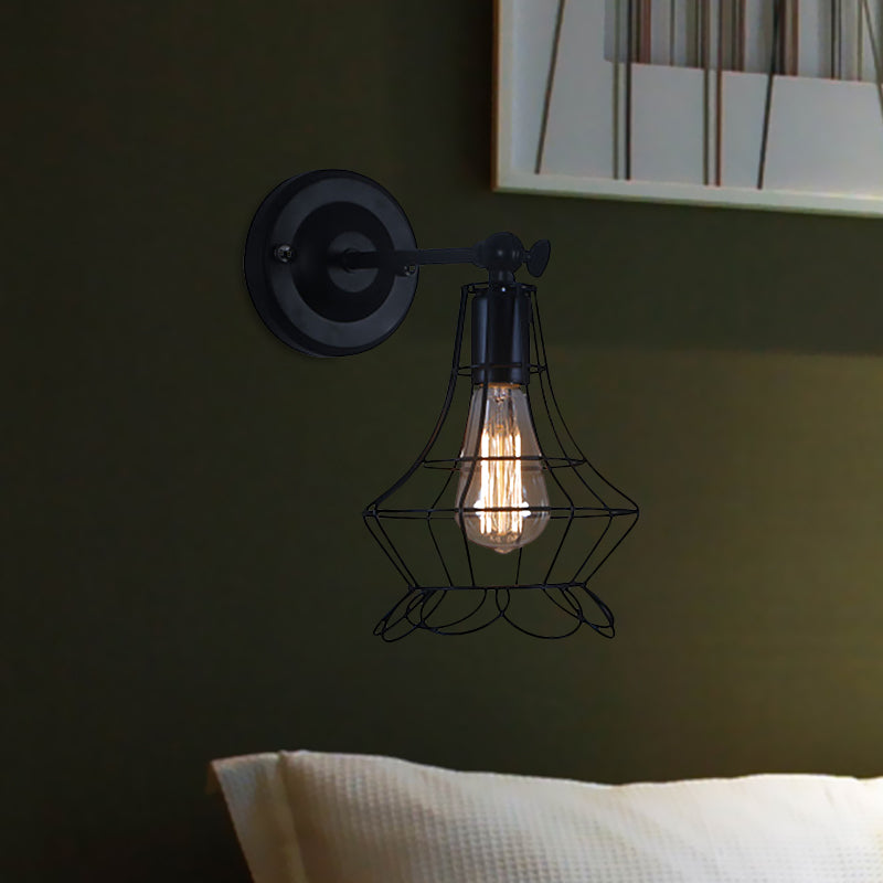 Frendorf | Schwarze Barrel/Geflanschte Käfig-Wandleuchte Industriedesign Metall 1 Kopf Wohnzimmer Rotierbare Wandmontage Licht