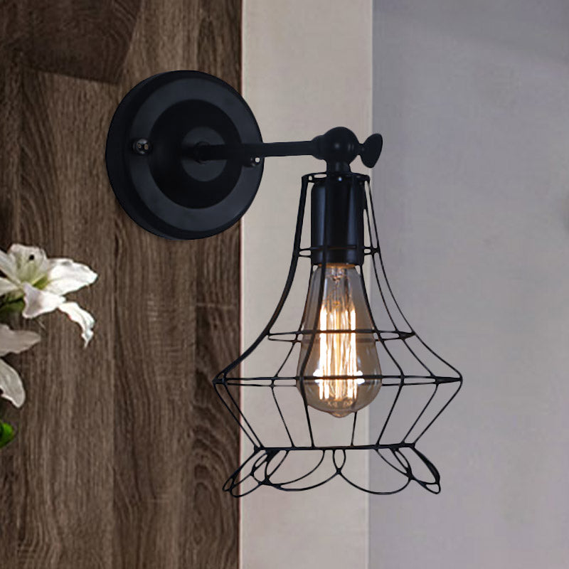 Frendorf | Schwarze Barrel/Geflanschte Käfig-Wandleuchte Industriedesign Metall 1 Kopf Wohnzimmer Rotierbare Wandmontage Licht