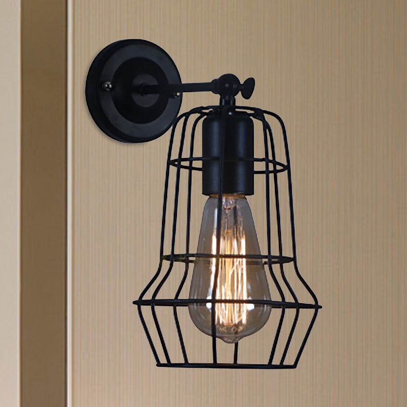 Frendorf | Schwarze Barrel/Geflanschte Käfig-Wandleuchte Industriedesign Metall 1 Kopf Wohnzimmer Rotierbare Wandmontage Licht