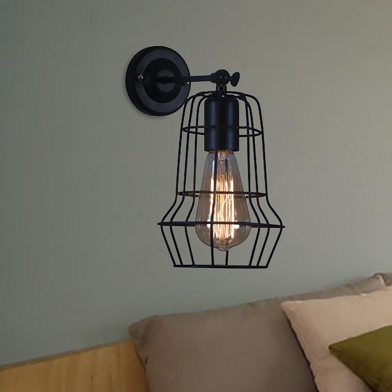 Frendorf | Schwarze Barrel/Geflanschte Käfig-Wandleuchte Industriedesign Metall 1 Kopf Wohnzimmer Rotierbare Wandmontage Licht