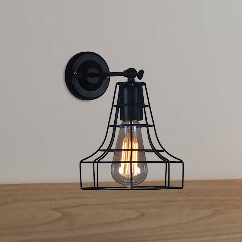 Frendorf | Schwarze Barrel/Geflanschte Käfig-Wandleuchte Industriedesign Metall 1 Kopf Wohnzimmer Rotierbare Wandmontage Licht