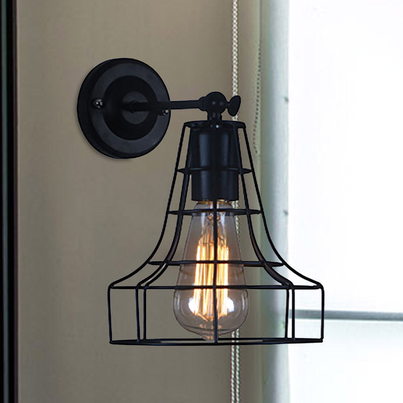 Frendorf | Schwarze Barrel/Geflanschte Käfig-Wandleuchte Industriedesign Metall 1 Kopf Wohnzimmer Rotierbare Wandmontage Licht