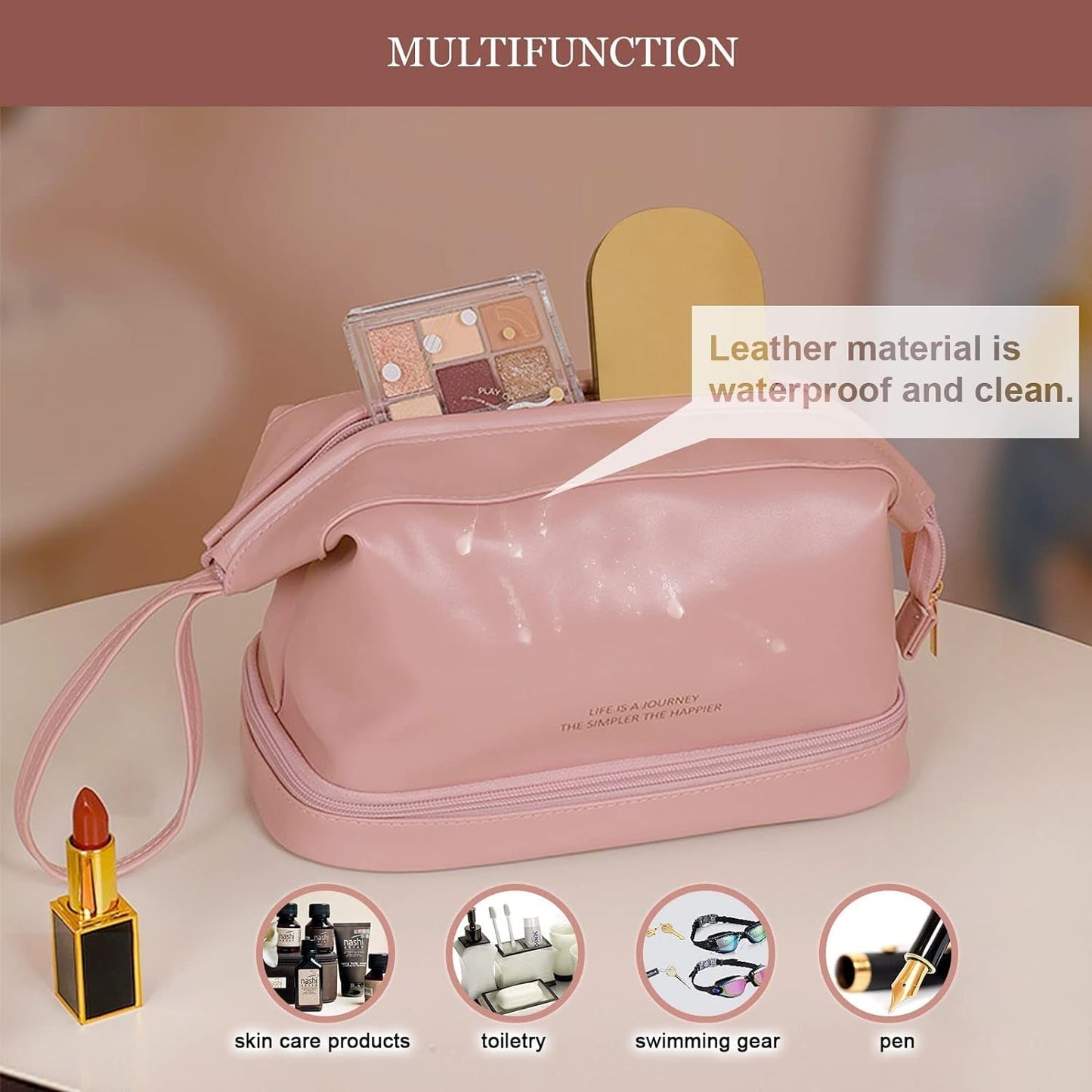Frendorf | Abiudeng Große Make-up Tasche, Doppelschicht Kosmetiktasche, Reise Make-up Tasche, Leder Make-up Tasche, Kosmetische Reisetaschen, Tragbare Leder Kulturbeutel, Geräumige Kosmetiktasche für Frauen und Mädchen