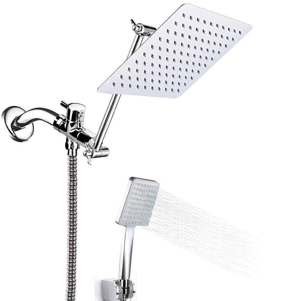 Frendorf | Pull down Dual Shower Head Square High Arch Shower Head Combo in Chrome