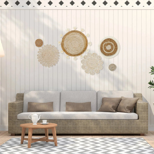 6 Stück hängende geflochtene Teller Wanddekoration Boho Strohrattan runde Korbdekorationen Quasten Blumenschale Kunst für Zuhause Schlafzimmer